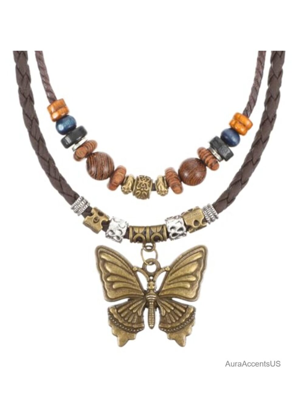Boho Necklace Vintage Butterfly Pendant Layered Wooden Beads Woven Leather